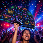 Festival Fan z neonowymi motylami, czarne, na Rave i pod światło ultrafioletowe, Widok 4