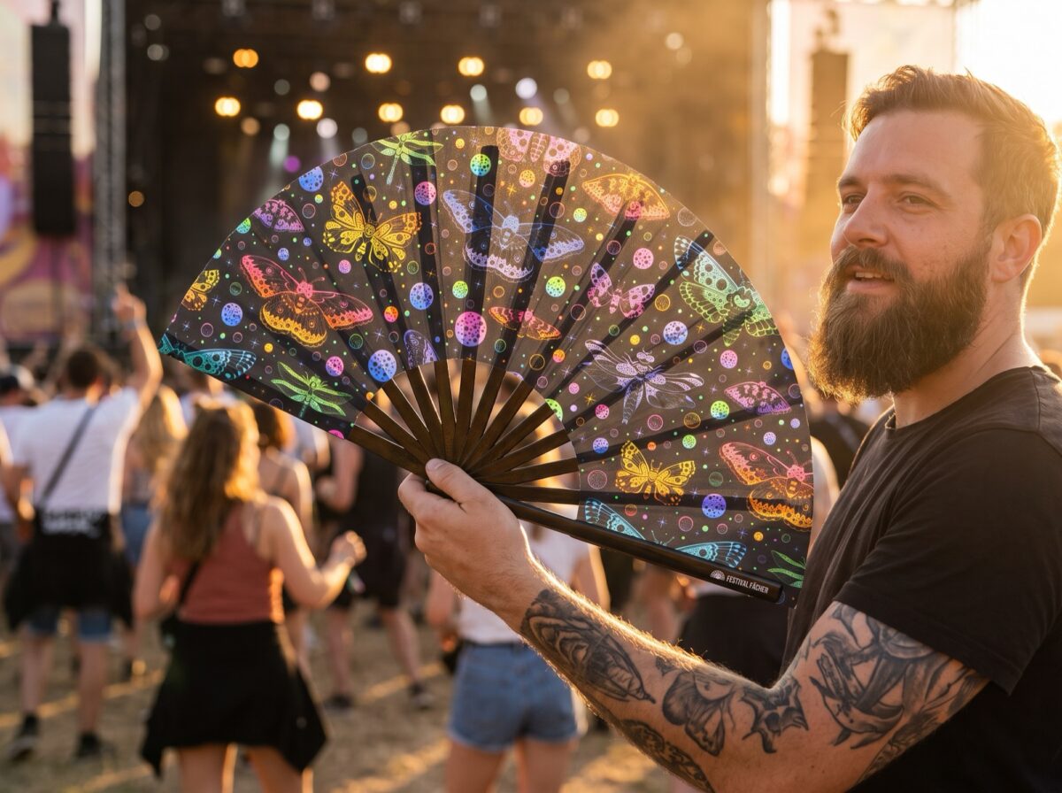 Festival Fan z neonowymi motylami, czarne, na Rave i pod światło ultrafioletowe, Widok 3