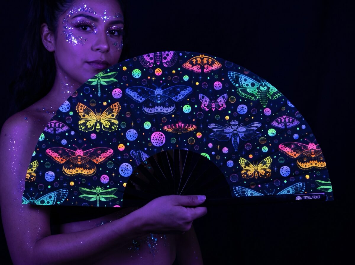 Festival Fan z neonowymi motylami, czarne, na Rave i pod światło ultrafioletowe Rave (UV)