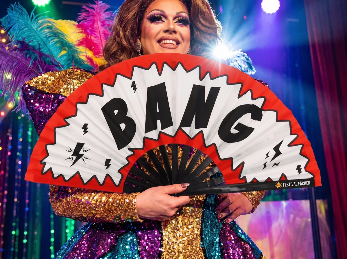 Festival Fan „BANG” z motywem komiksowym w kolorach czerwonym i białym, akcesorium na Rave i imprezę, Widok 5