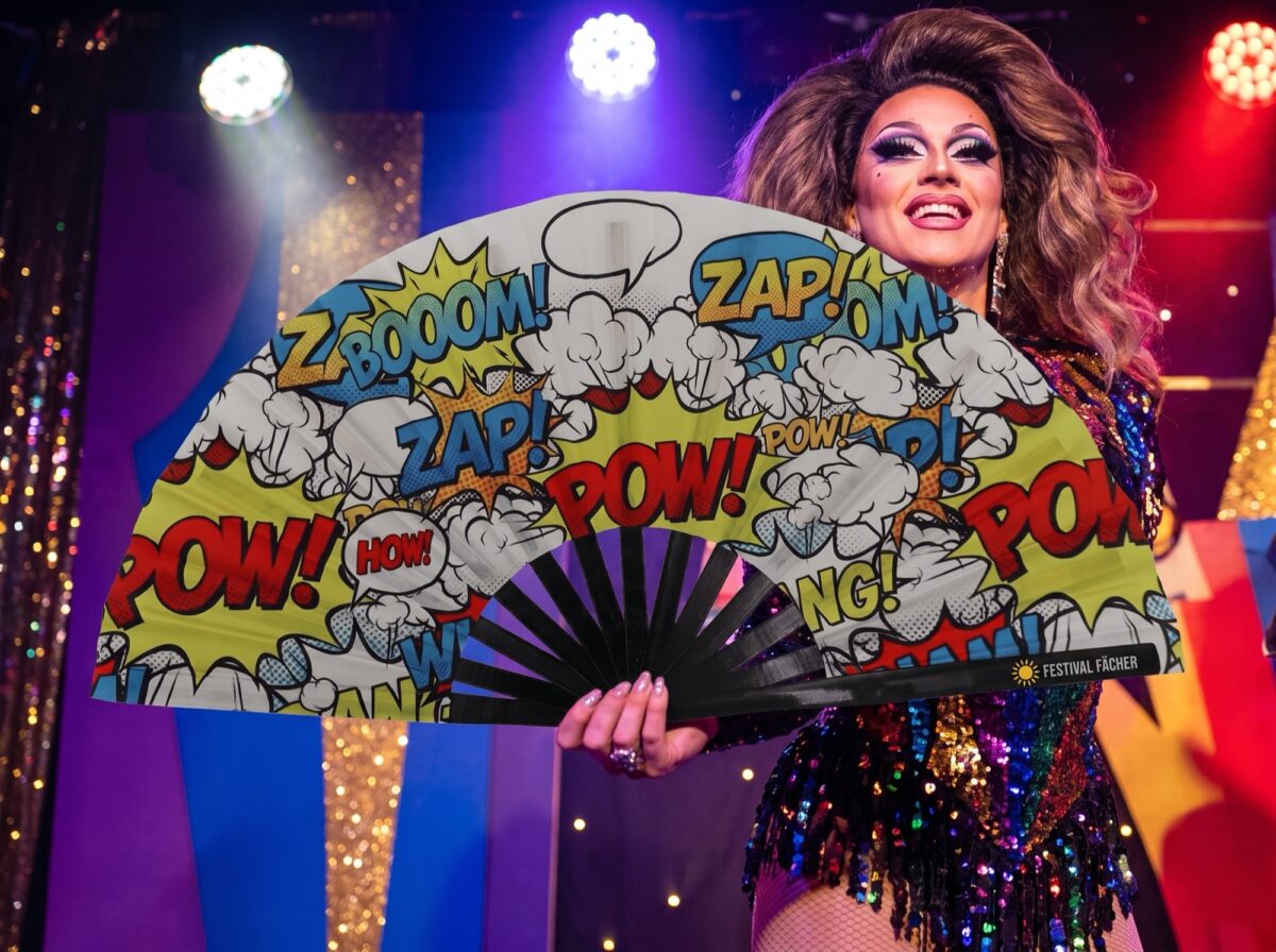 Festival Fan „ZAP BOOM POW”, żółty, w stylu komiksowym, Rave i imprezowy, Widok 5