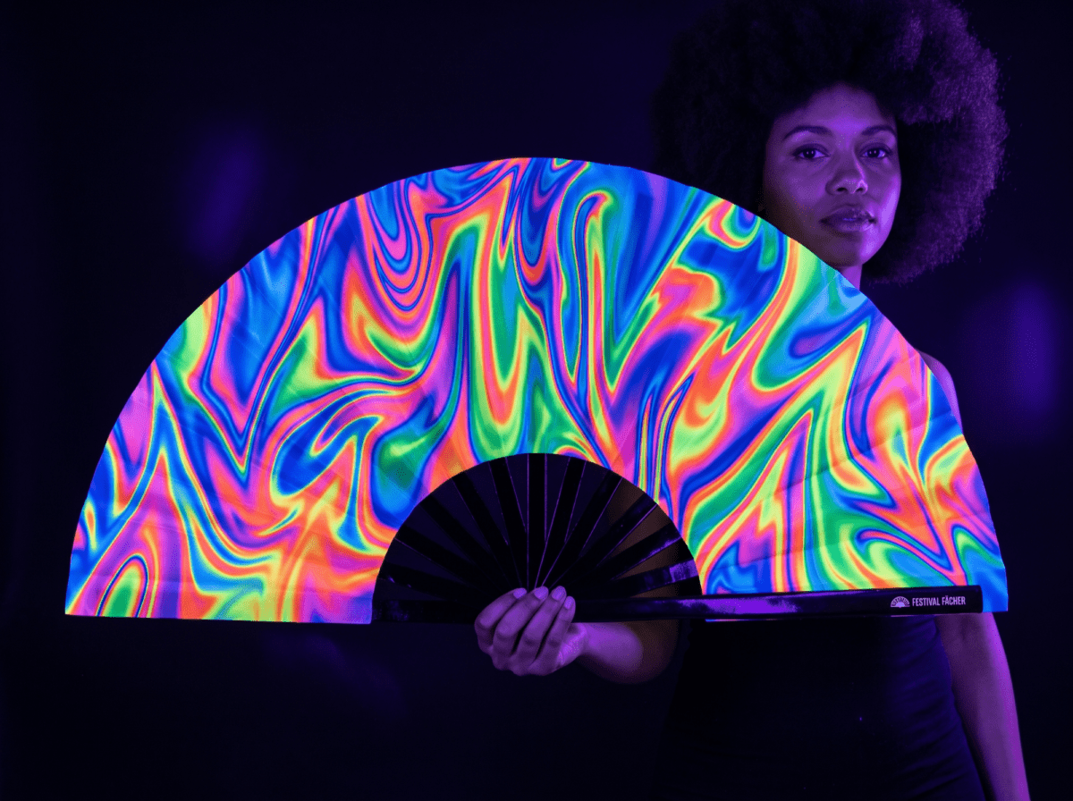 Festival Fan „Psychedelic Fire”, kolorowy, idealny na Techno i Rave Rave (UV)