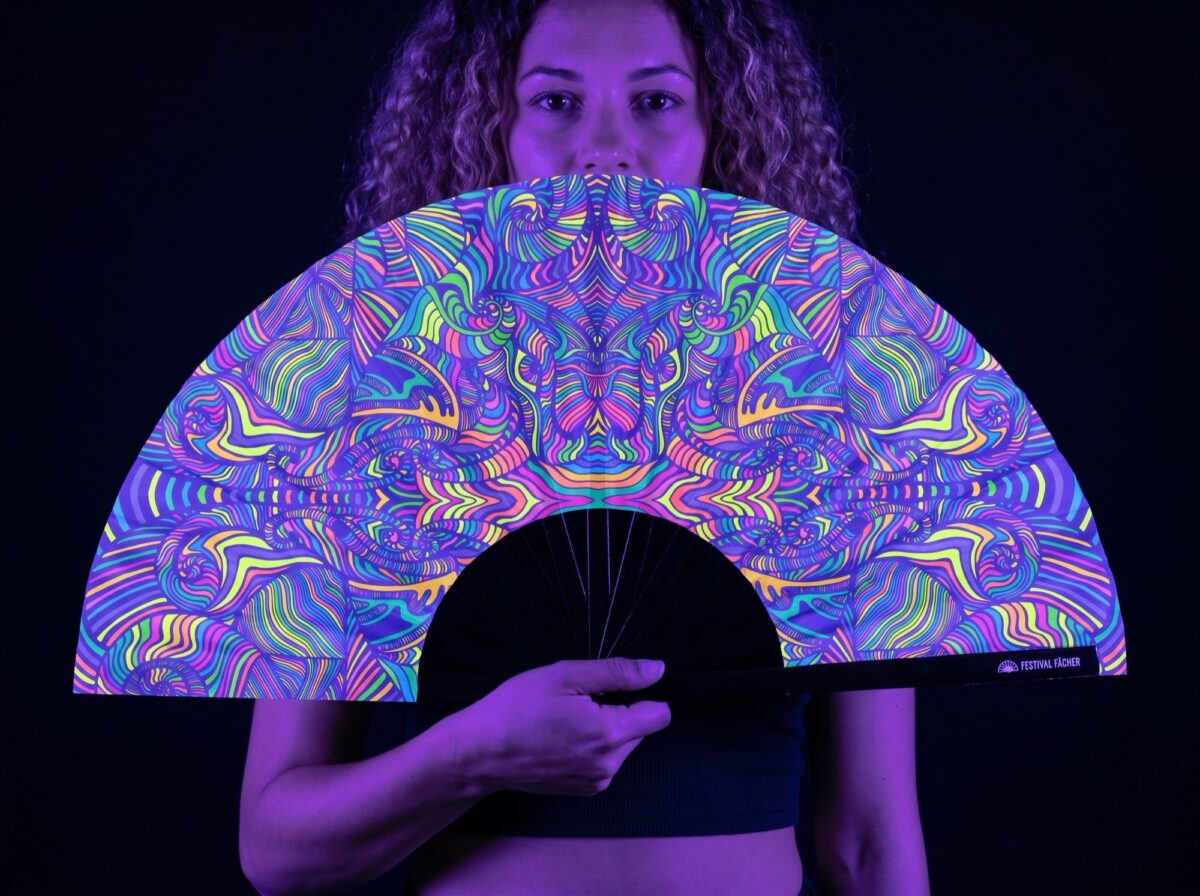 Festival Fan „Psychedelic Mandala” w kolorze fioletowym, idealny na psytrance i Rave Rave (UV)