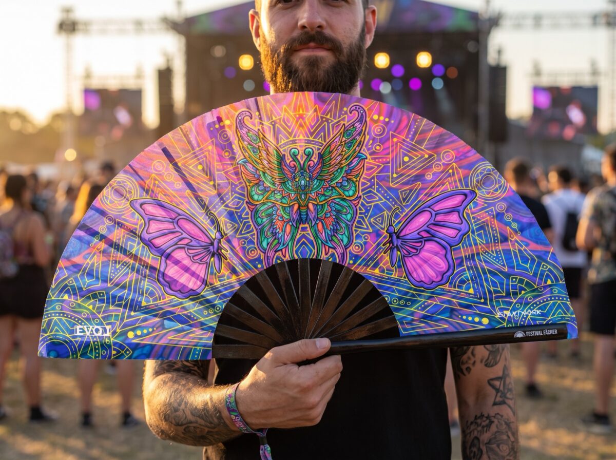 Festival Fan „Motyl-Mandala” w kolorze fioletowym, na psytrance i festiwale, Widok 3