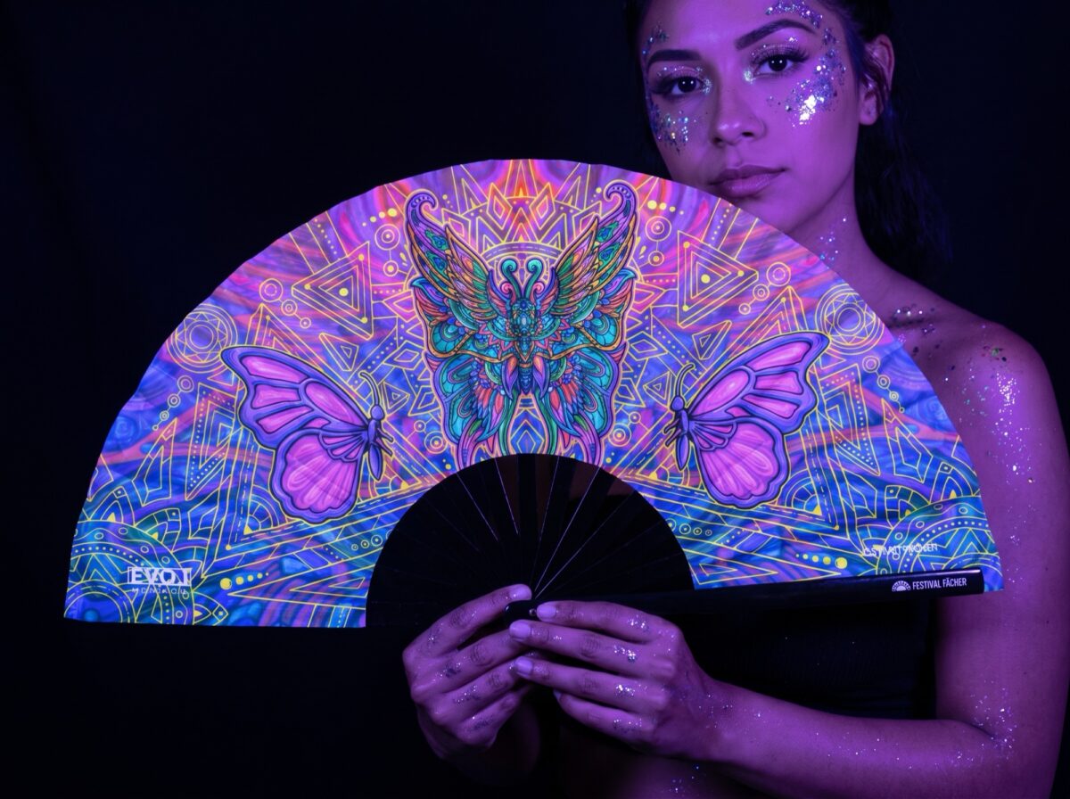 Festival Fan „Motyl-Mandala” w kolorze fioletowym, na psytrance i festiwale Rave (UV)