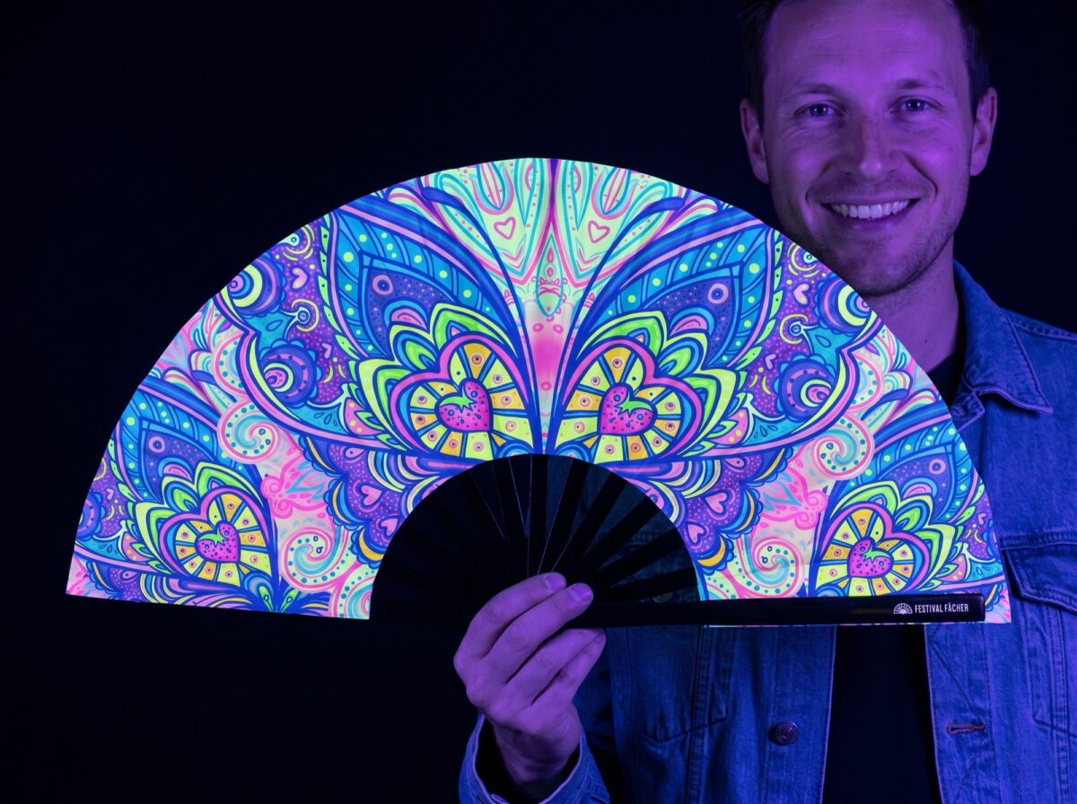 Festival Fan „Motyl-Mandala” w kolorze turkusowym na psytrance i Rave Rave (UV)