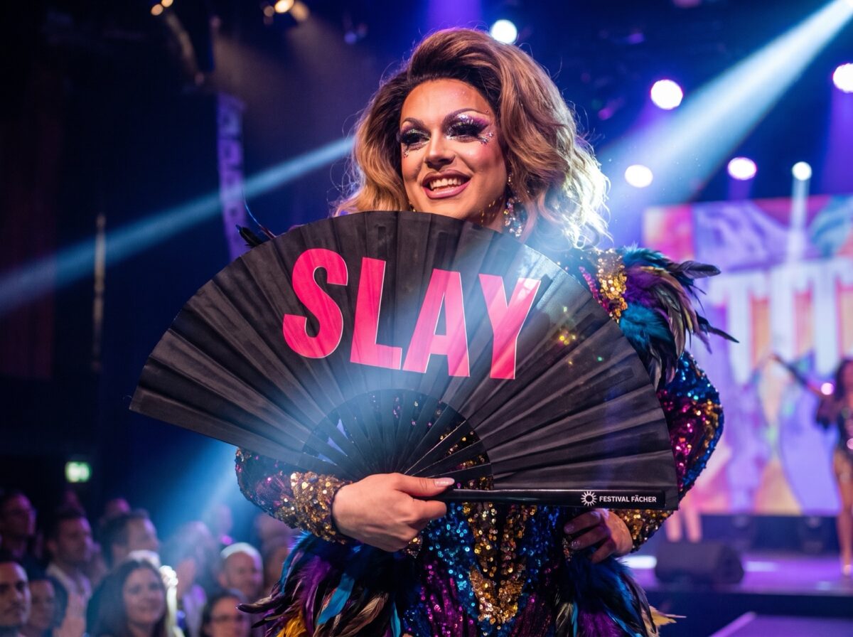 Festival Fan „SLAY” w kolorze czarno-różowym, akcesorium na CSD i Rave, Widok 5
