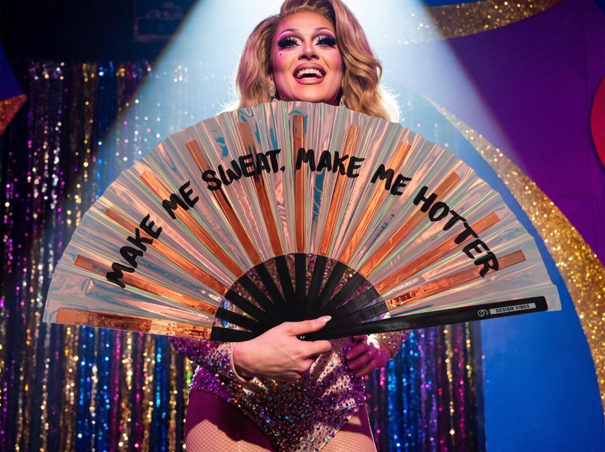 Festival Fan „MAKE ME SWEAT”, holograficzny, w kolorze różowego złota, w stylu Rave, Widok 5