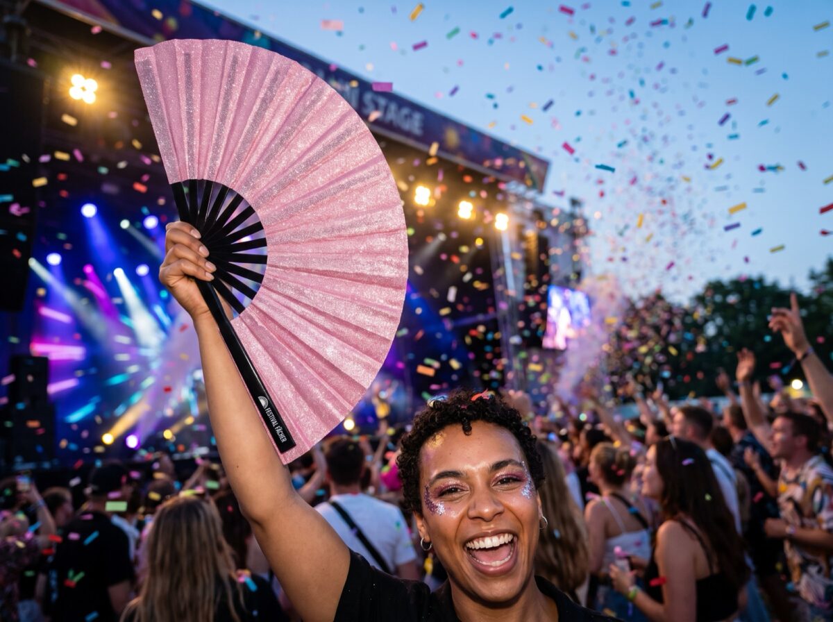 Festival Fan w kolorze różowym z brokatem na festiwale i imprezy, Widok 4